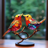1607BA Stained Acrylic Birds on Branch Desktop Ornaments Multicolor Hummingbird Craft Statue Desktop Ornaments for Home Decorations